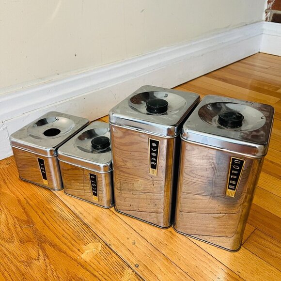Vintage MCM Lincoln Beautyware Metal Kitchen Canister Set Four Piece - Picture 3 of 16